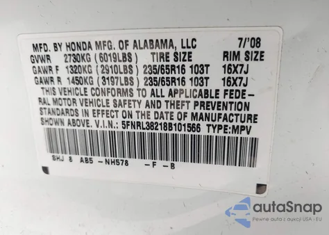 2008 Honda Odyssey Lx из США, поврежденный, VIN 5FNRL38218B101566